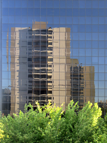 The north elevation--finished, except for railings--as seen in a reflection from the Black Box Building. 
Diane Perry